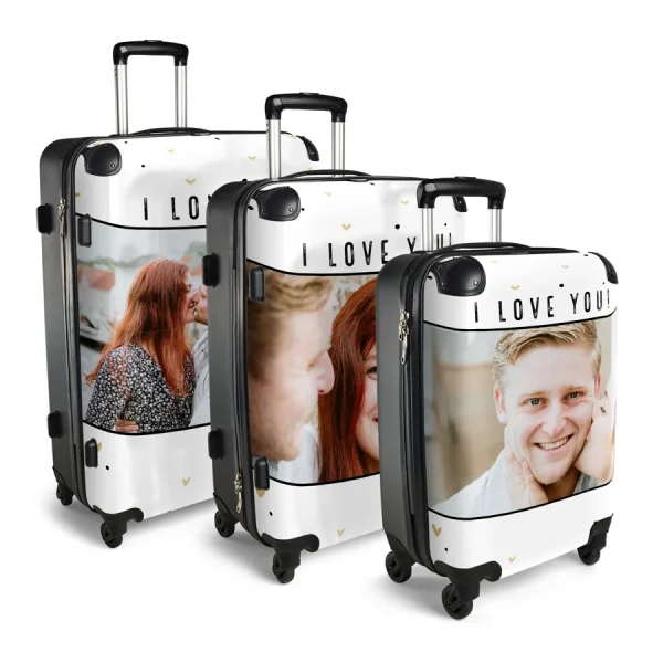 Drie Princess Traveller fotokoffer maken - Luxe bagageset met een foto van een stel erop.